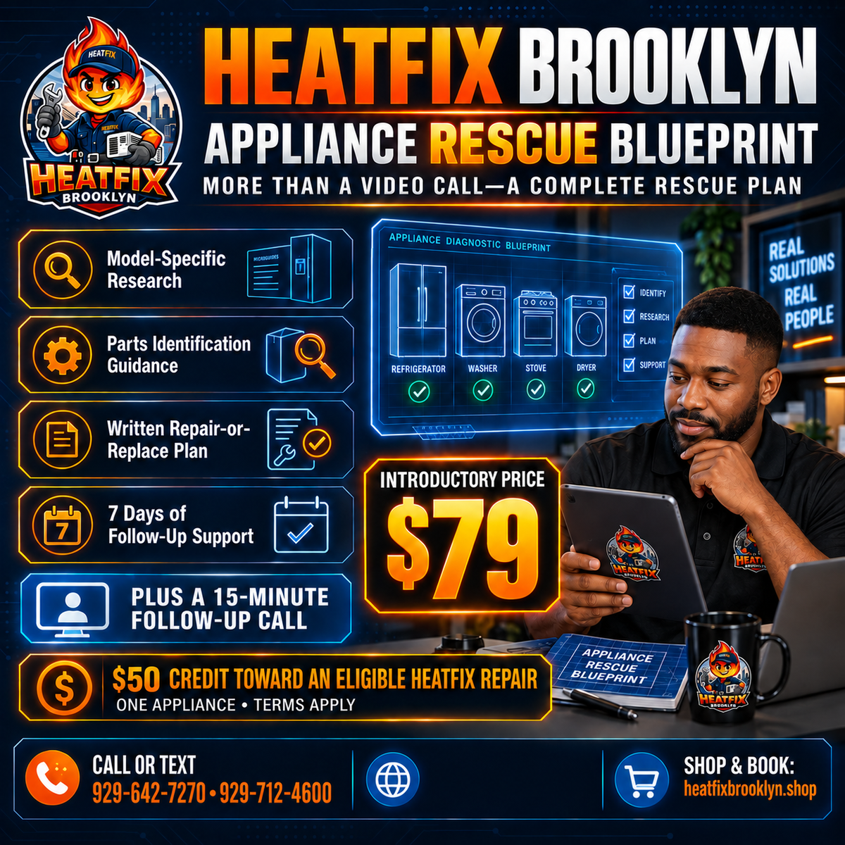 HeatFix Brooklyn Appliance Rescue Blueprint with model-specific research, parts guidance, seven days of support, 15-minute follow-up call and $50 repair credit