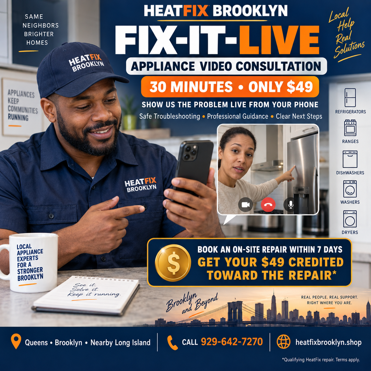 HeatFix Brooklyn 30-minute appliance video consultation for $49 with technician guidance and repair credit